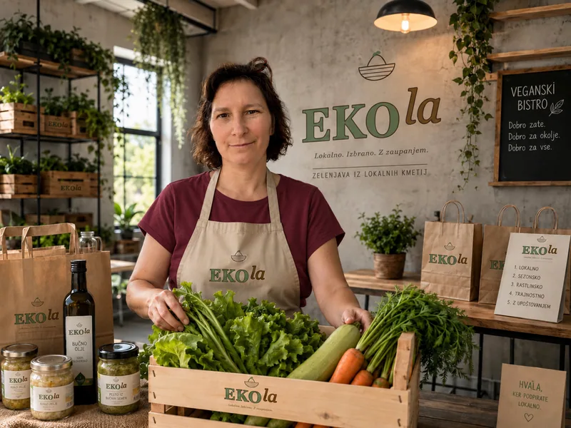 Z umetno inteligenco ustvarjen prikaz Mojce v trgovini EKOla ob zaboju zelenjave.
